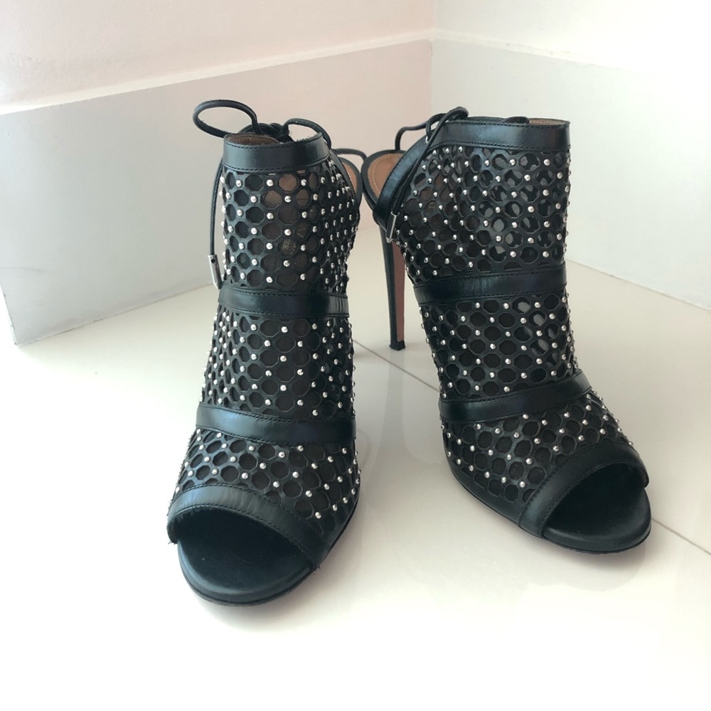 Aquzzura Leather Mesh Studded Heels